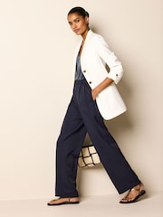 Navy Blue Elasticated Back Wide Leg Trousers - Image 1 of 7
