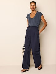 Navy Blue Elasticated Back Wide Leg Trousers - Image 2 of 7