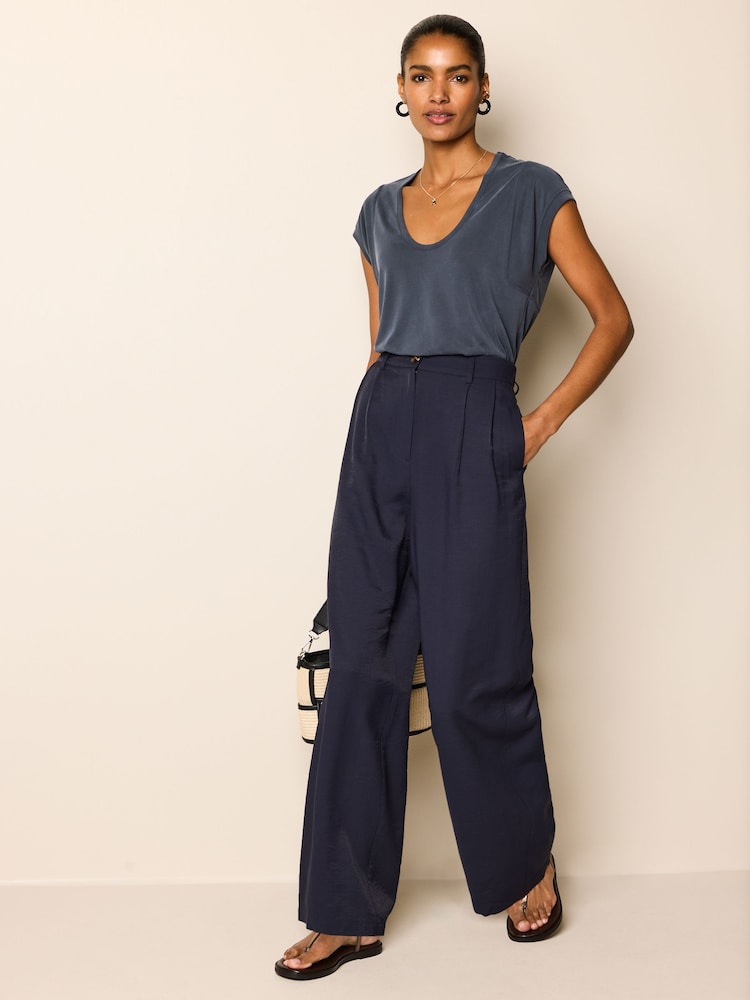 Navy Blue Elasticated Back Wide Leg Trousers - Image 2 of 7