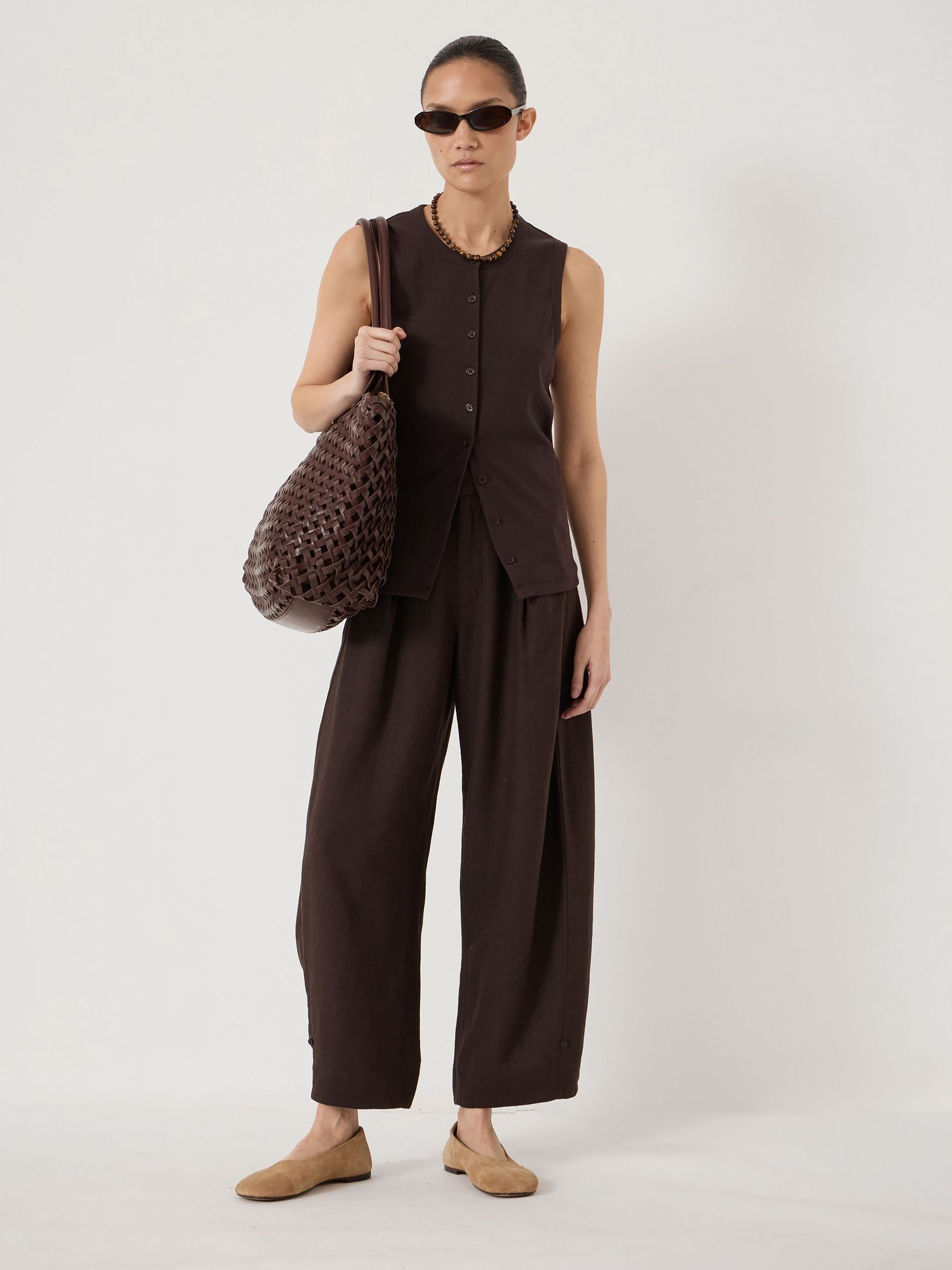 Buy Hush Dark Brown Dania Linen Blend Barrel Leg Trousers from