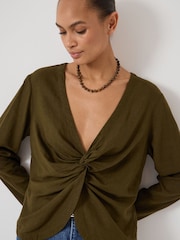 Hush Green Bronte Linen Blend Front Twist Top - Image 4 of 5
