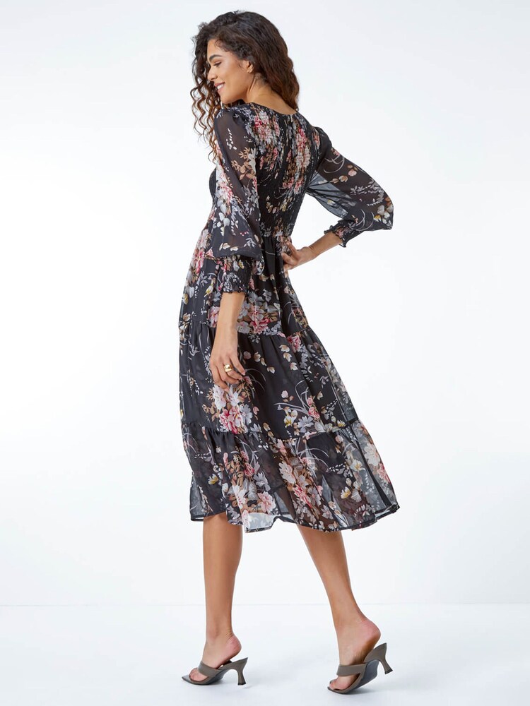 Roman Black Floral Shirred Midi Dress - Image 2 of 5 Roman Black Floral Shirred Midi Dress - Image 2 of 5