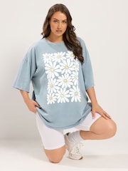 Yours Curve Blue Boxy Placement Print T-Shirt - Image 1 of 7