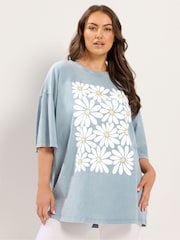 Yours Curve Blue Boxy Placement Print T-Shirt - Image 2 of 7