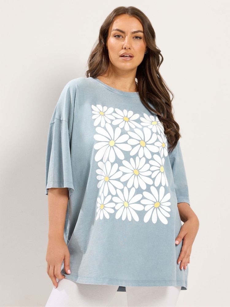 Yours Curve Blue Boxy Placement Print T-Shirt - Image 2 of 7 Yours Curve Blue Boxy Placement Print T-Shirt - Image 2 of 7