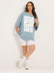 Yours Curve Blue Boxy Placement Print T-Shirt - Image 4 of 7