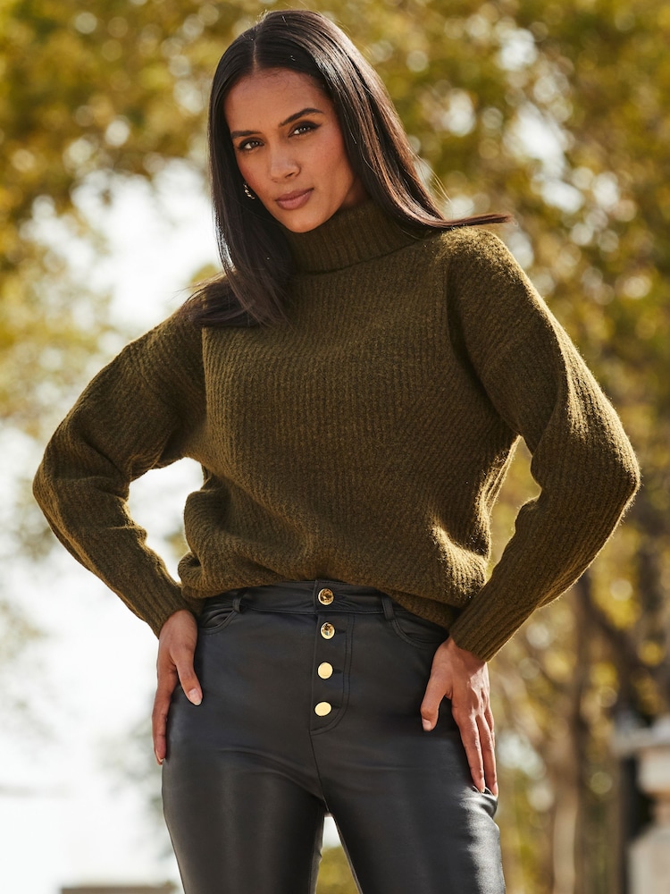 Sosandar Green Chevron Knit Roll Neck Jumper - Image 5 of 5