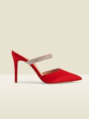 Sosandar Red Sofia Satin Diamante Strap Pointed Toe Mules - Image 3 of 5