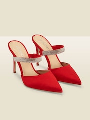 Sosandar Red Sofia Satin Diamante Strap Pointed Toe Mules - Image 4 of 5
