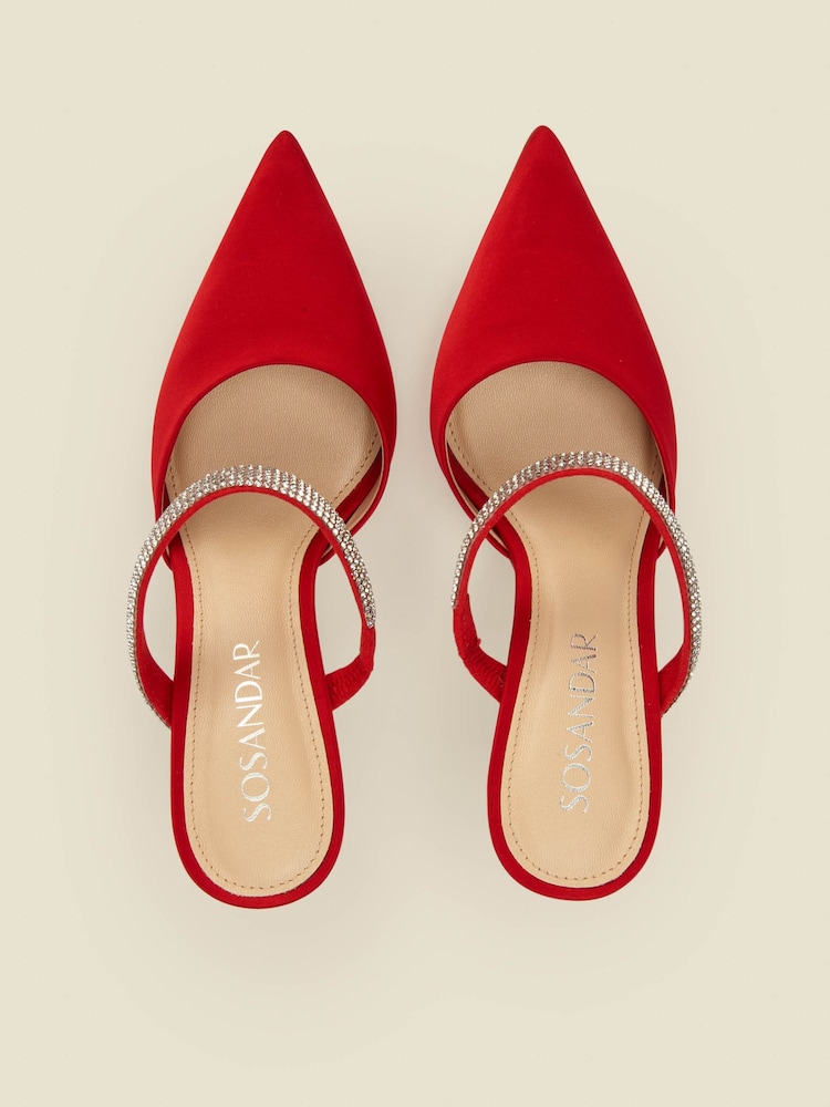 Sosandar Red Sofia Satin Diamante Strap Pointed Toe Mules - Image 5 of 5