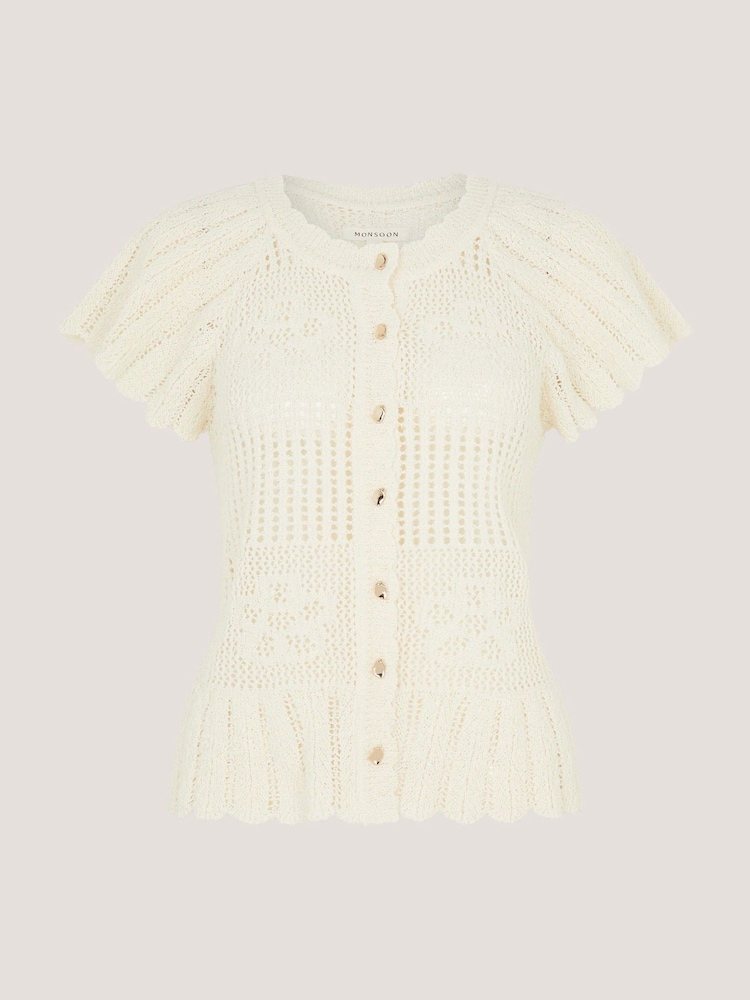 Monsoon Cream Indi Short Sleeve Floral Pointelle Cardigan - Image 1 of 1 Monsoon Cream Indi Short Sleeve Floral Pointelle Cardigan - Image 1 of 1