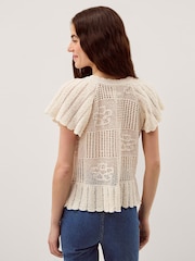 Monsoon Cream Indi Short Sleeve Floral Pointelle Cardigan - Image 2 of 4