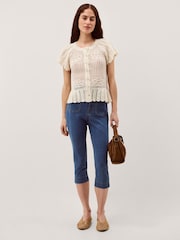 Monsoon Cream Indi Short Sleeve Floral Pointelle Cardigan - Image 3 of 4