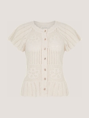 Monsoon Cream Indi Short Sleeve Floral Pointelle Cardigan - Image 4 of 4