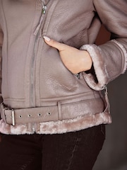 Sosandar Cream Faux Fur Shearling Biker Jacket - Image 5 of 6