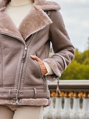 Sosandar Cream Faux Fur Shearling Biker Jacket - Image 6 of 6