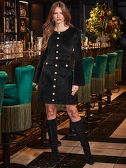 Sosandar Black Velvet Fit and Flare Dress With Button Pocket Detail - Image 1 of 5