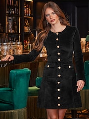 Sosandar Black Velvet Fit and Flare Dress With Button Pocket Detail - Image 3 of 5