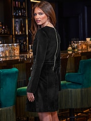 Sosandar Black Velvet Fit and Flare Dress With Button Pocket Detail - Image 4 of 5