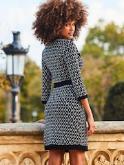 Sosandar Black Geometric Print Jacquard Knitted Dress With Button Pocket Detail - Image 2 of 5