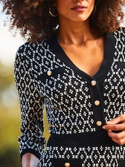 Sosandar Black Geometric Print Jacquard Knitted Dress With Button Pocket Detail - Image 5 of 5