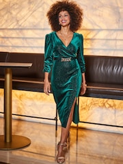Sosandar Green Velvet Faux Wrap Midi Dress With Belt - Image 3 of 5