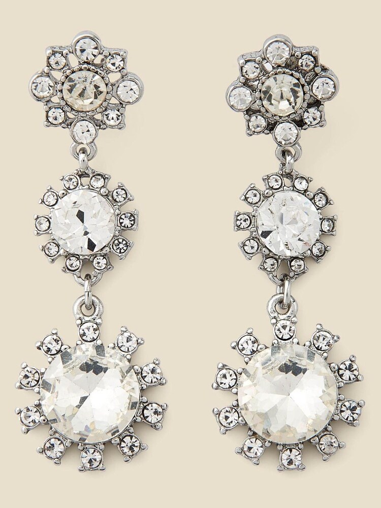 Sosandar Metallic Diamante Triple Stone Drop Earrings - Image 1 of 3