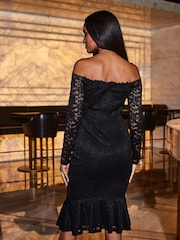 Sosandar Black Lace Peplum Hem Bardot Dress - Image 2 of 4