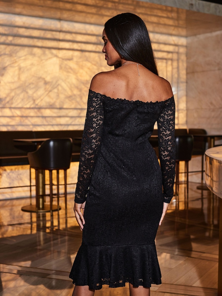 Sosandar Black Lace Peplum Hem Bardot Dress - Image 2 of 4