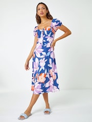 Roman Purple Retro Floral Print Fit and Flare Dress - Image 1 of 5