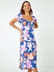 Roman Purple Retro Floral Print Fit and Flare Dress - Image 3 of 5