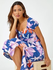 Roman Purple Retro Floral Print Fit and Flare Dress - Image 4 of 5