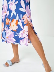 Roman Purple Retro Floral Print Fit and Flare Dress - Image 5 of 5