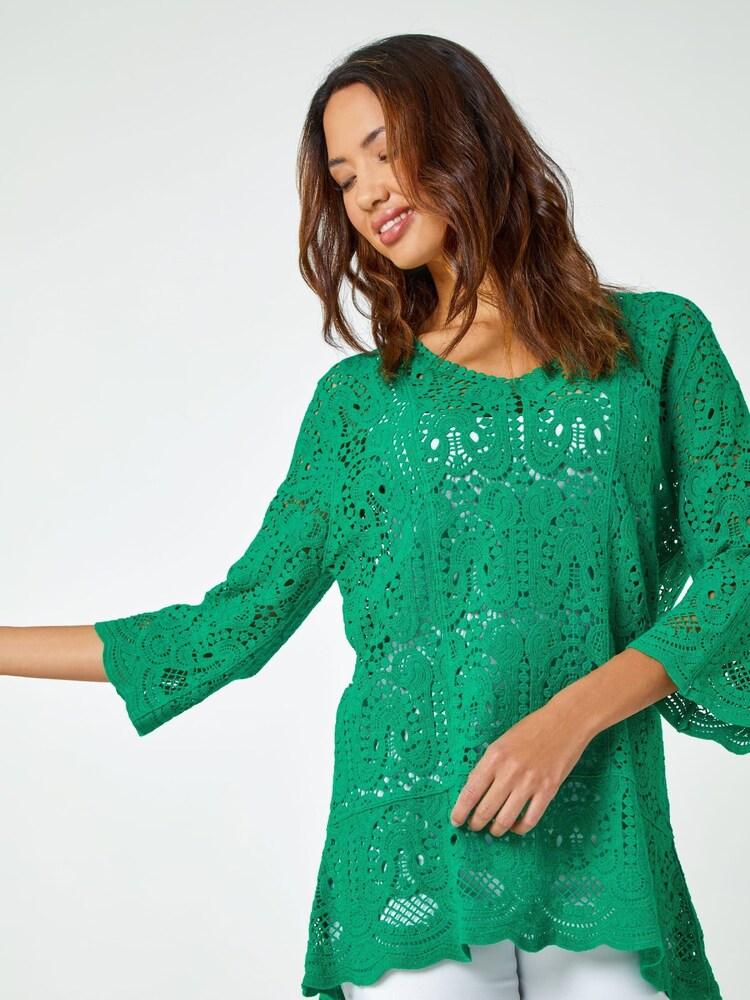 Roman Green Crochet V-Neck 3/4 Sleeve 100% Cotton Tunic Top - Image 1 of 5