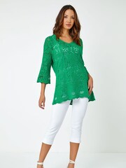 Roman Green Crochet V-Neck 3/4 Sleeve 100% Cotton Tunic Top - Image 2 of 5