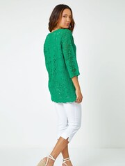 Roman Green Crochet V-Neck 3/4 Sleeve 100% Cotton Tunic Top - Image 3 of 5