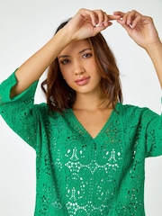 Roman Green Crochet V-Neck 3/4 Sleeve 100% Cotton Tunic Top - Image 4 of 5