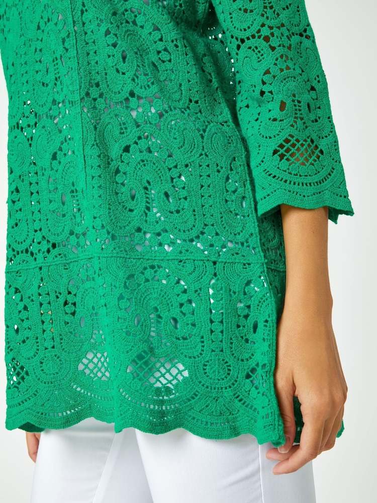 Roman Green Crochet V-Neck 3/4 Sleeve 100% Cotton Tunic Top - Image 5 of 5