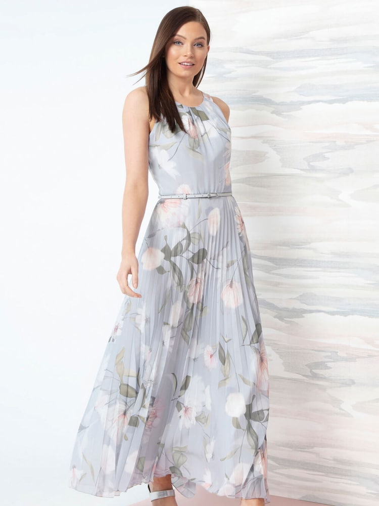 Roman Grey Lace Top Overlay Pleated Midi Dress - Image 1 of 4 Roman Grey Lace Top Overlay Pleated Midi Dress - Image 1 of 4