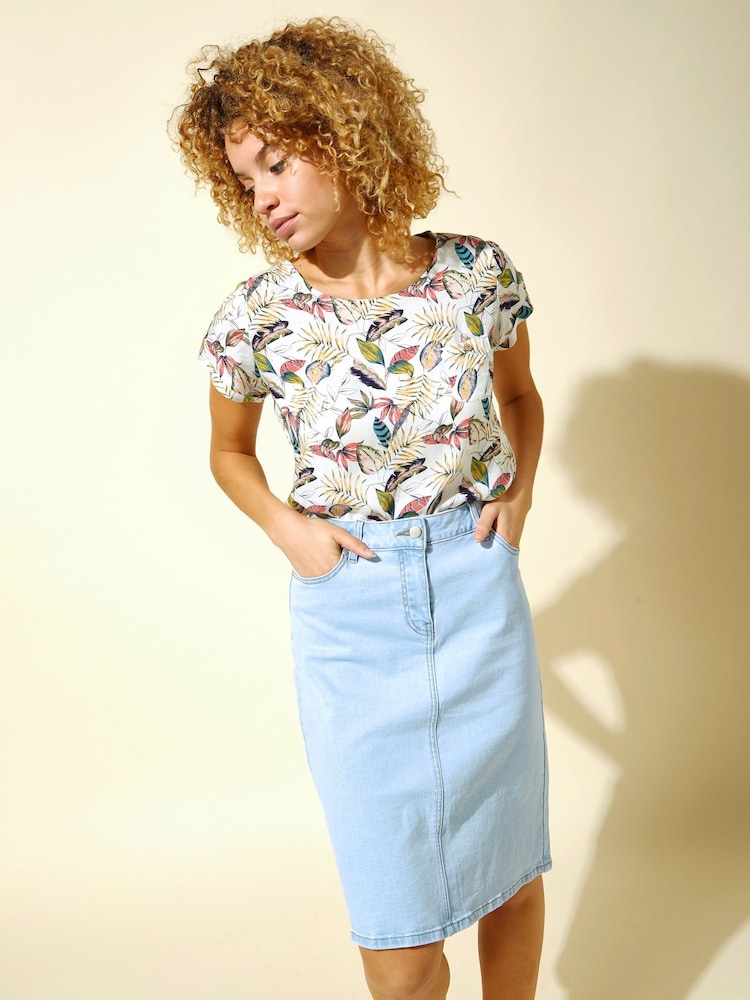 Azul denim claro - Saia jeans romana em linha A na altura do joelho - Imagem 5 de 5