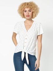 Roman White Broderie Button Down Tie Front Top - Image 1 of 4