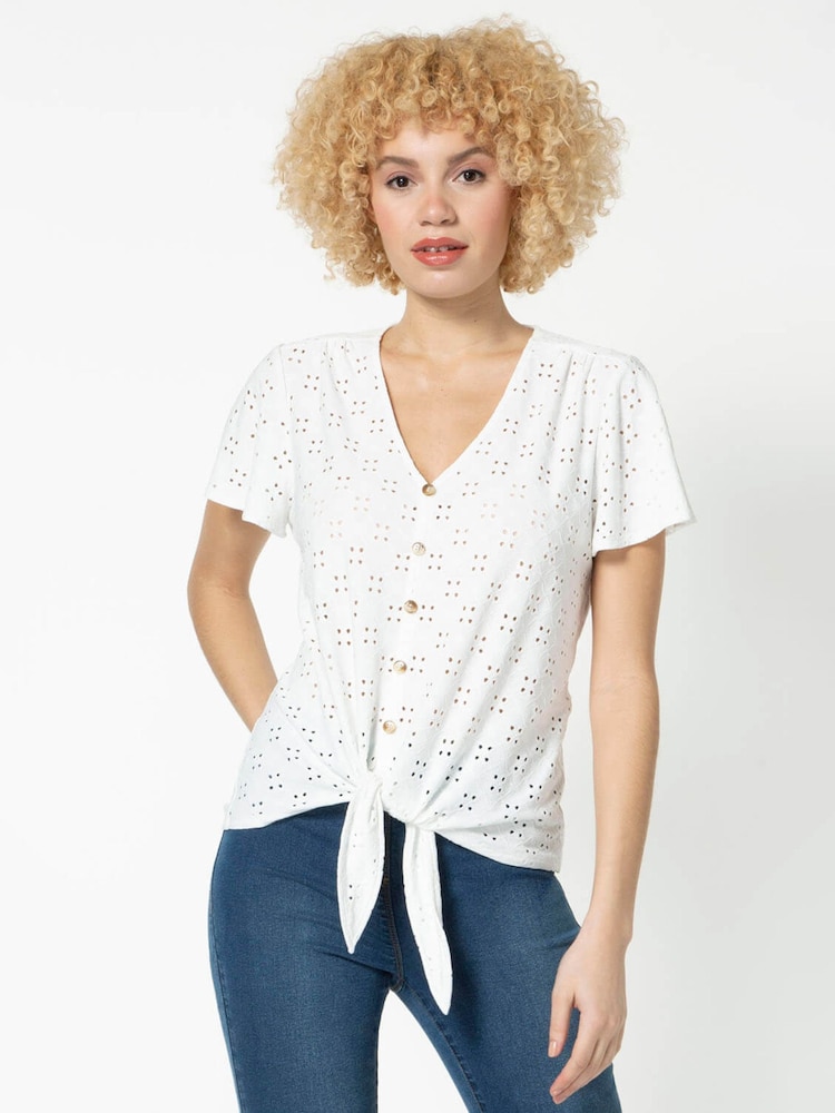 Roman White Broderie Button Down Tie Front Top - Image 1 of 4