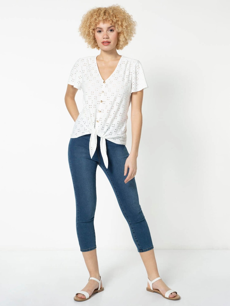Roman White Broderie Button Down Tie Front Top - Image 2 of 4