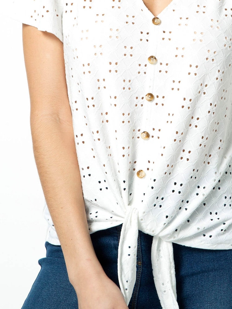 Roman White Broderie Button Down Tie Front Top - Image 4 of 4