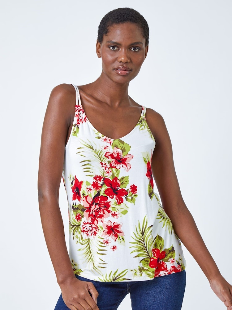 Roman White Tropical Print Strap Detail Cami Top - Image 1 of 5