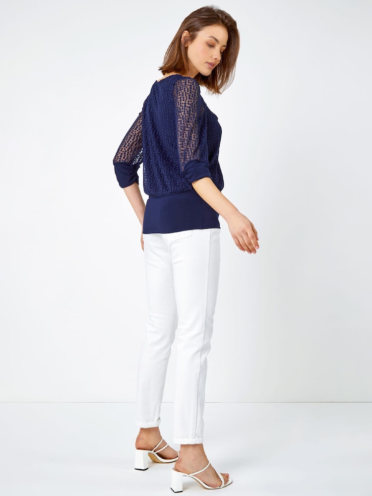 Roman Blue Textured Spot Print Blouson Top - Image 2 of 5