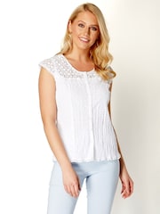 Roman White Lace Yoke And Sleeve Crinkle 100% Cotton Blouse - Image 1 of 4