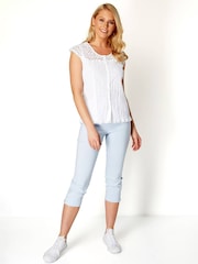 Roman White Lace Yoke And Sleeve Crinkle 100% Cotton Blouse - Image 3 of 4