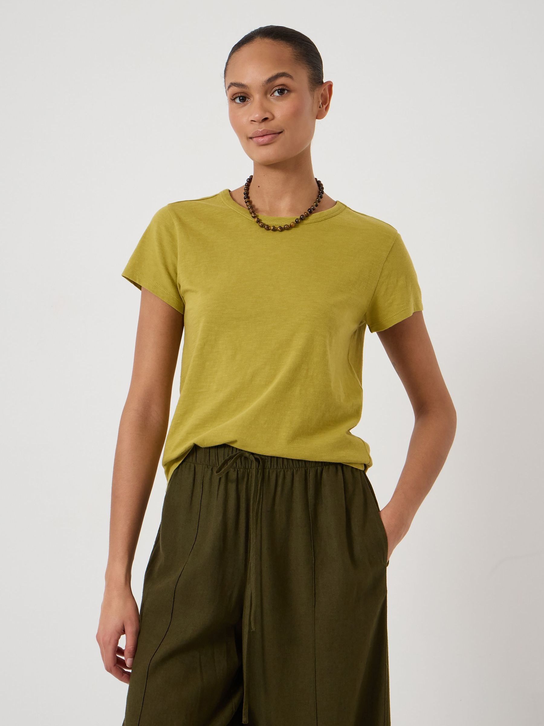 Buy Hush Olive Green Slim Fit Slub Cotton Crew Neck T-Shirt from