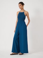 Hush Blue Shirred Seersucker Wide Leg Jumpsuit - Image 1 of 5